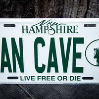 new hampshire license plate with man cave inscription