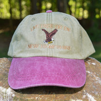 Embroidered eagle and “Live Free or Die” color-block and solid-color vintage-style hats.