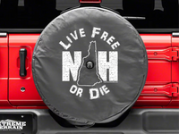 tire cover that says “Live free or die” with a backup camera hole