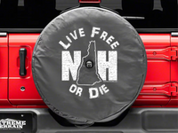 tire cover that says “Live free or die” with a backup camera hole
