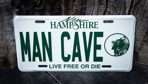 new hampshire license plate with man cave inscription