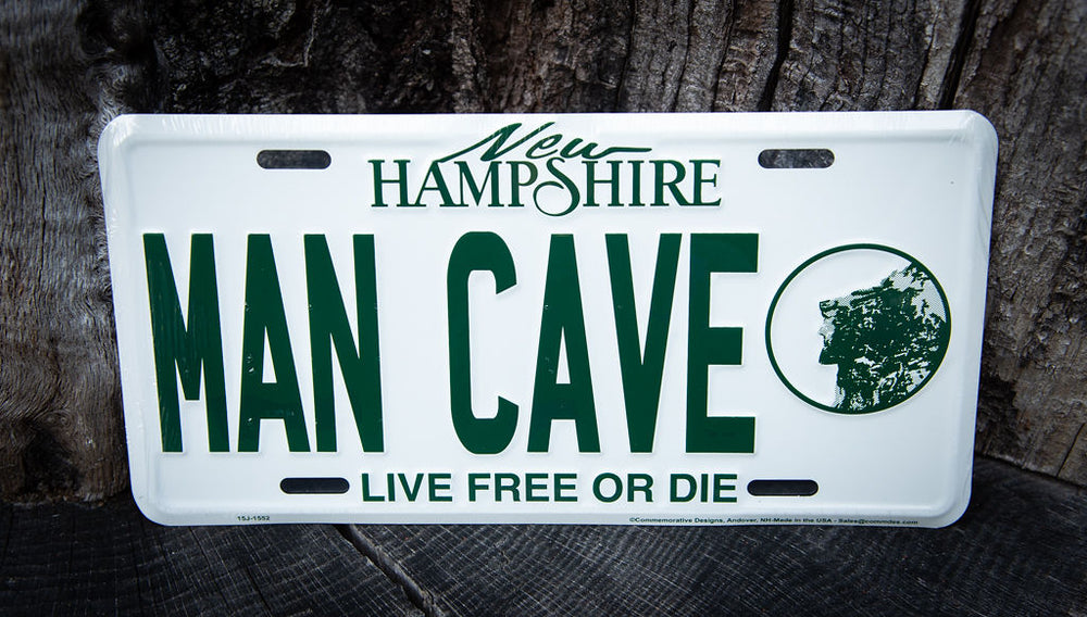 new hampshire license plate with man cave inscription