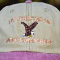 Six-panel hat with the words “Live Free or Die” and an eagle embroidered.